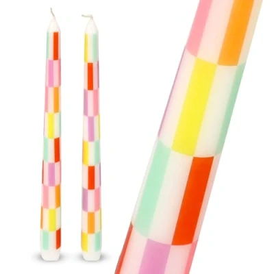 Image of Talking Tables 2 x Colourful Checkered Tapered Tall Dinner Candles Made of Wax Stylish Table Decorations Centrepieces Summer Decor Eco Packaging Unscented Burn Time 5 Hours 23cm