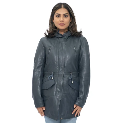 Image of Women&#039;s Navy Leather Hooded Parker Jacket Multi Pocket Trench Coat S
