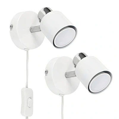 Image of Pair of Modern White and Chrome Single Adjustable Wall Spotlights with Practical Plug, Cable Switch