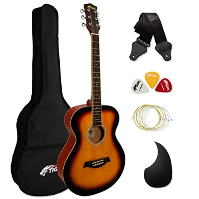 Image of Acoustic Guitar for Beginners Full Size, Steel String includes Gig bag, Strap, Scratchplate and Spare Strings Sunburst TIGER ACG2 SB
