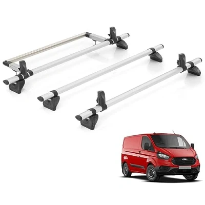 Image of Rhino KammBar 3 Bar Roof Rack with 4 Load Stops and Rear Ladder Roller for Ford Transit Custom (2013 ) [Std Roof, Barn Doors]