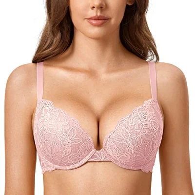 Image of DOBREVA Women&#039;s Push Up Lace Bra Sexy Plunge Padded Underwire Support Bras Lift Gentle Rose 40D