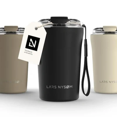 Image of LARS NYSØM Thermo Coffee Mug to Go with Strap 13oz Travel 0.38 Liter Insulation Leak Proof Stainless Steel Thermal for and Tea (Carbon Black, 380ml)