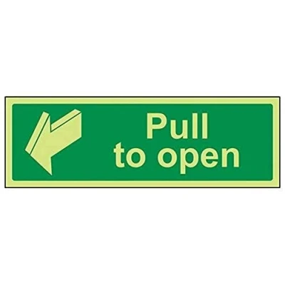 Image of V Safety Glow In The Dark Pull To Open Door Sign 300mm x 100mm Self Adhesive Vinyl