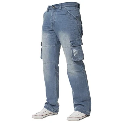 Image of ENZO Mens Designer Cargo Combat Jeans Denim Pants All Waist Sizes (28W x 30L, Light Stonewash)