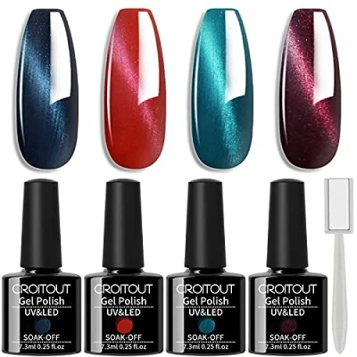 Image of Croitout Cat Eye Gel Nail Polish Set with 1 Magnet, Colours Set, Magnetic Polishes Soak Off UV Kit, Best Gift for Women 4 x 7.3ml