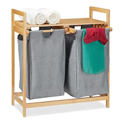 Image of Relaxdays Double Basket, with Shelf, 2 Sections, 2X 30 L Laundry Bags, Bamboo, HWD 73 x 64 33 cm, Natural/Grey, Polyester