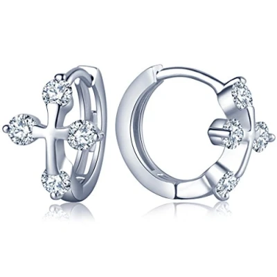 Image of Infinite U Classic Cross 925 Sterling Silver Cubic Zirconia Hoop Earrings Creole for Women/Girls,