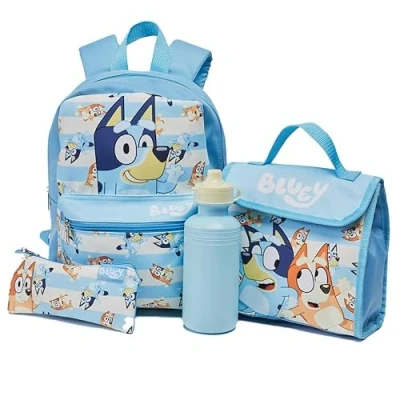 Image of Bluey &amp; Bingo Kids Backpack Lunch Bag Pencil Case Water Bottle Set Childrens Nursery Rucksack