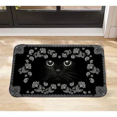 Image of Traqunn Black Cat Doormat,Welcome Doormat,Black Outdoor Door Mat,Personalized Doormat,30X18 In
