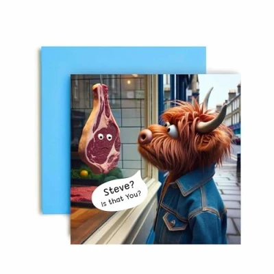 Image of Huxters Birthday Cards for Him and Her Cow Versus Steak Friend wife Husband Card Men Women Funny Mum Dad Sister Brother Auntie Uncle Happy 14.8cm