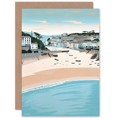 Image of Artery8 St Ives Bay Summer Pastel Colour Coastal Cityscape Travel Birthday Sealed Greeting Card Plus Envelope Blank inside