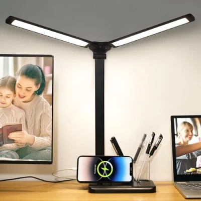 Image of Qooltek Dual Swing Arm LED Desk Lamp with USB Charging Port, 5 Color Modes Dimmable Table Pen Holder, Touch Control Reading Light for Home Office, Eye Caring Timer, Black