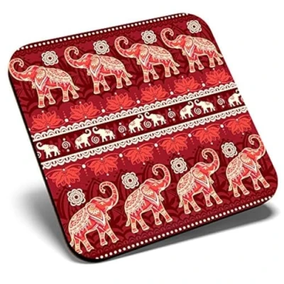 Image of Great Single Coaster Square Indian Elephants Lotus Flower Elephant Glossy Quality Coasters Tabletop Protection for Any Table Type #45398