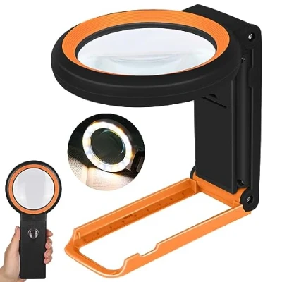 Image of 30X 40X Magnifying Glass with Light and Stand, Folding Handheld 18 LED Illuminated Lighted Magnifier for Macular Degeneration, Seniors Reading, Close Work, Coins, Jewelry (Black o)