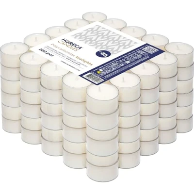 Image of Horeca Candles Tea Light in Clear Cup 200 Pack 8 Hours Burn Time White Wax Smokeless, Dripless, Unscented Bulk