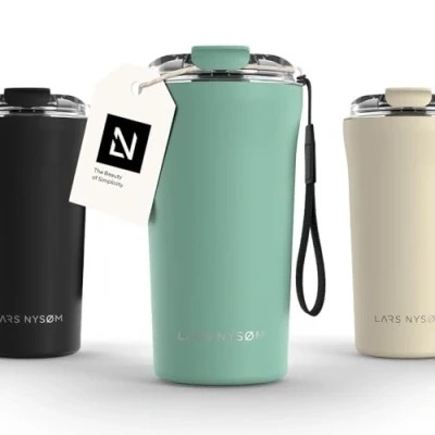 Image of LARS NYSØM Thermo Coffee Mug to Go with Strap 17oz Travel 0.5 Liter Insulation Leak Proof Stainless Steel Thermal for and Tea (Aqua Turquoise, 500ml)