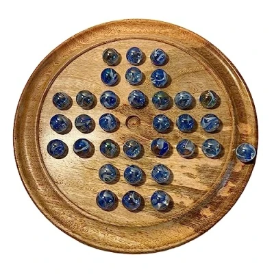 Image of 30cm Diameter wooden solitaire board game with VAPOUR GLASS MARBLES classic strategy family games for one