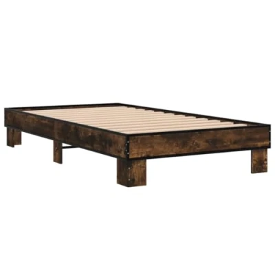 Image of vidaXL Engineered Wood and Metal Single Bed Frame Smoked Oak, 100x200 cm, Plywood Slats, Modern Bedroom Furniture with Legs