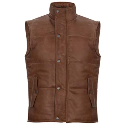 Image of Men&#039;s Brown Leather Puffer Padded Vest Waistcoat M