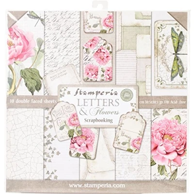 Image of Stamperia Intl Letters &amp; Flowers Double Sided Paper Pad (10/Pack), 12&quot; x 12&quot;,Pink/Green