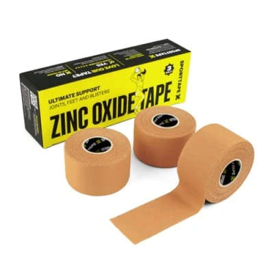 Image of 3 Rolls SPORTTAPE Tan Zinc Oxide Tape 3.8cm x 10m High Strength Athletic Tape, Blister Prevention Plantar Fascia Sports Strapping &amp; Ankle for Netball. Football, Rugby