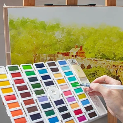 Image of PENCILMARCH Watercolour Paint Set 58 Colour Half Pans Water Colours Paints Perfect for Artists, Students Or Hobbyists Foldable Box with 2 Aqua Brush and 3 Sponges