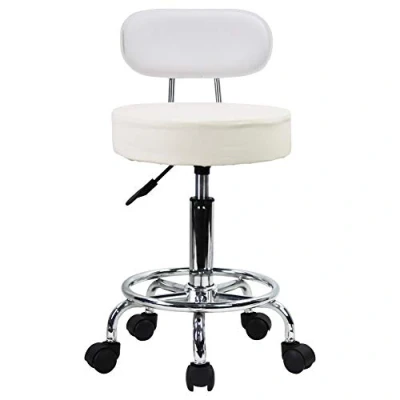 Image of KKTONER PU Leather Rolling Stool Mid Back with Footrest Height Adjustable Office Computer Home Drafting Swivel Task Chair Wheels (White)