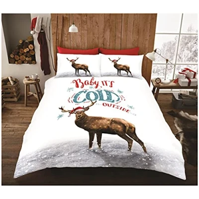 Image of GC GAVENO CAVAILIA Animal Stag Duvet Cover Double, Snowflake Xmas Quilt Cover, Christmas Theme Festive Bedding Set, Deer Santa