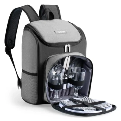 Image of VonShef Picnic Backpack, 2 Person Grey Hamper with Dining &amp; Cutlery Set Cooler Compartment, Lightweight Water Resistant Bag, Insulated Camping Accessories