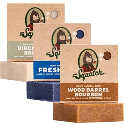 Image of Dr. Squatch All Natural Soap Bar for Men, 3 Variety Pack Birchwood Breeze, Fresh Falls, Wood Barrel Bourbon