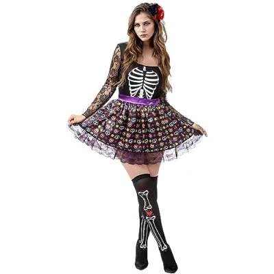 Image of Funidelia La Catrina Skeleton Costume for woman Sugar skull, Horror adults accessory fancy dress &amp; props Halloween, carnival parties Size M Black