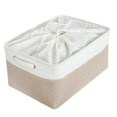 Image of Mangata Large Canvas Storage Box Fabric Basket with Handles &amp; drawstring for Cupboards, Shelves, Clothes, Toys (Foldable, Light Khaki White)