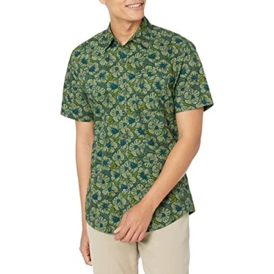 Image of Amazon Essentials Men&#039;s Slim Fit Short Sleeved Button Down Printed Shirt, Olive Hibiscus Flower, XXL