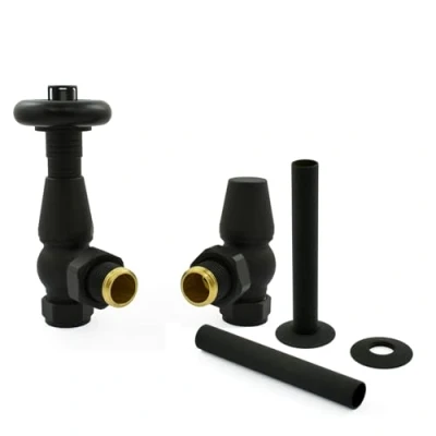Image of Hot Flow Jordan Traditional Thermostatic Radiator Valve (Angled TRV) (Textured Black with Sleeve)