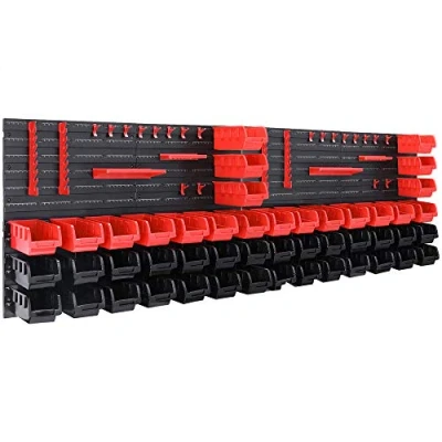 Image of DEUBA® Tool Rack Garage Wall Storage System Plastic Bins Kit 90 Pcs Tools Organiser Home Shelves Unit Stackable Pegboard Boxes Red &amp; Black