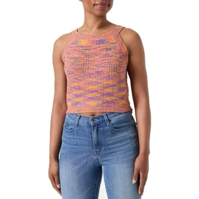 Image of PIECES Women&#039;s Pckera Sl Cropped Knit Top, Mandarin Orange/Detail:020 Multi Clr Yarn, S