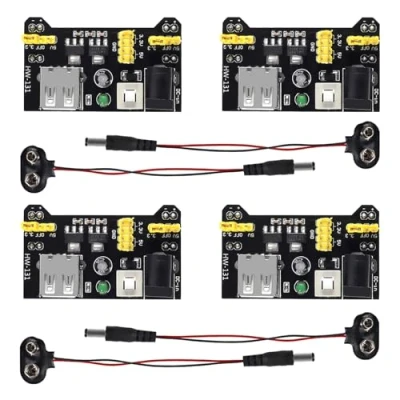 Image of AEDIKO 4pcs MB102 Solderless Breadboard Power Supply Module 3.3V/5V with 9V Battery Clip Buckle T Type Cable Male 2.1MM DC Jack Plug