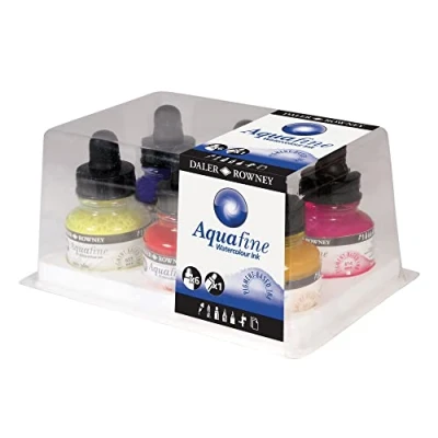 Image of Daler Rowney Aquafine Watercolour Ink Set, 6 x 29.5ml Bottles &amp; 1 FW Mixed Media Marker, Assorted Colours, Ideal for Professional Artists Students