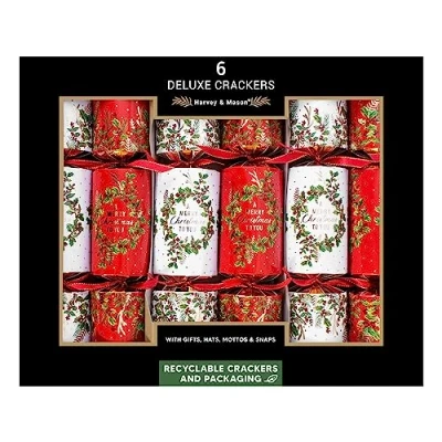 Image of Harvey &amp; Mason 6 Wreath Holly Christmas Crackers Deluxe Luxury Red White Gold Design, Xmas Dinner Party Celebration