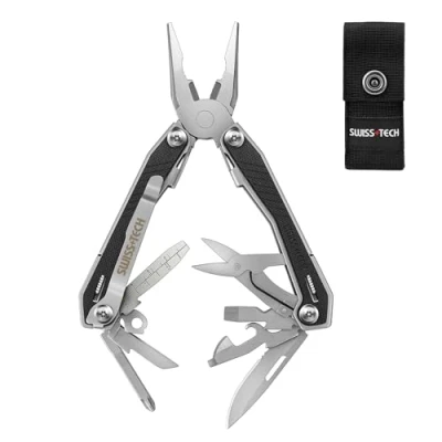 Image of Swiss+Tech Multi Tool Pliers 16 in 1, Stainless Steel, Multifunctional Pliers, Foldable Multitool with Scissors, Bottle Opener, Ideal for Hiking, Camping, Repairing Carry Bag