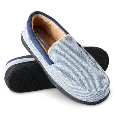 Image of DUNLOP Moccasins Slippers Men Loafers Faux Fur Rubber Sole Memory Foam House Indoor Shoes Gifts For (Navy/White, 12 UK)