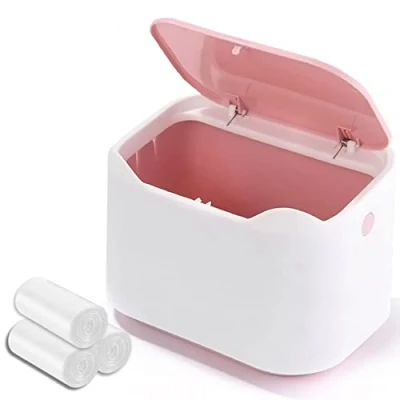 Image of Desk bin trash can with lid, Mini Portable Table Waste Desktop Dustbin for Home Living Room Kitchen Bathroom Office Car Indoor Small (pink and white)