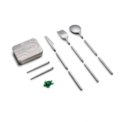 Image of Outlery Full Set Portable and Reusable Stainless Steel Travel Cutlery with Chopsticks in Tin Case Compact for Camping, Picnic, Office, On The Go, Raw Silver
