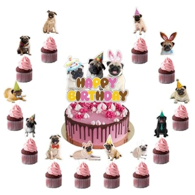 Image of 25 Pcs Pug Cake Decorations Topper Cupcake Toppers for Dog Birthday Party Supplies