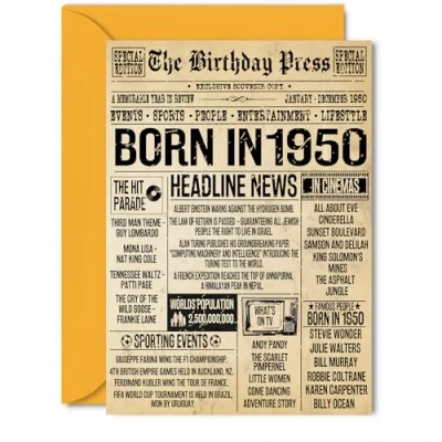 Image of 75th Birthday Card for Men Women Bday Press Newspaper 1950 Happy 75 Cards Wife Nan Sister Dad Brother Auntie, 5x7 Inch Greeting