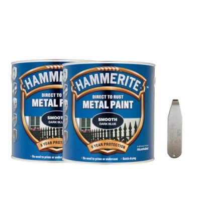 Image of Twin Pack of Hammerite Smooth Dark Blue Metal Paint 2.5 Litre with PSP tin Opener. Durable, Corrosion Resistant Decorative Coating for Metals, Certain Plastics and Wood