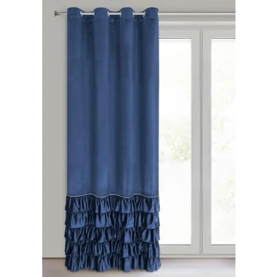 Image of Eurofirany Carli Velvet Curtain with Ruffles, Eyelets, Opaque Blackout Curtain, Exclusive for Living Room, Bedroom, 140 x 250 cm, Dark Blue