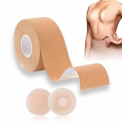 Image of Breast Tape Strapless Boob Lift 5M With 2Pcs Nipple Covers Self Adhesive Booby Body For Large Breasts Stretchable Chest Tit Bra Under Clothing Women Essentials