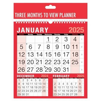 Image of 2025 Calendar Three Months to View Spiral Bound Wall Planner Red and Black Calender for Home Business Office School 1 January 31 December